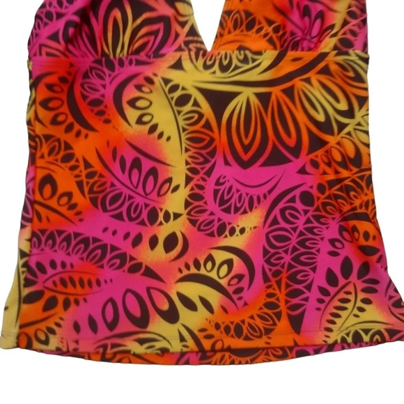 Aquafunky Tankini Tropical/Aztec Print Colorful Pink Orange Yellow Black Halter - Picture 3 of 8